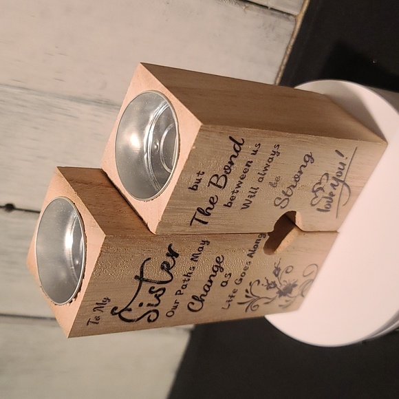 MY SISTER dual wooden pedestal tea Light candle holders NWT - Picture 7 of 7